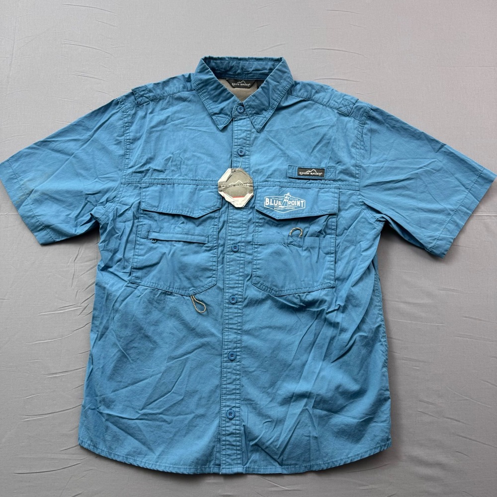 Eddie Bauer Blue Point Brewing Co Fishing Shirt Mens Small Blue Short Sleeve S